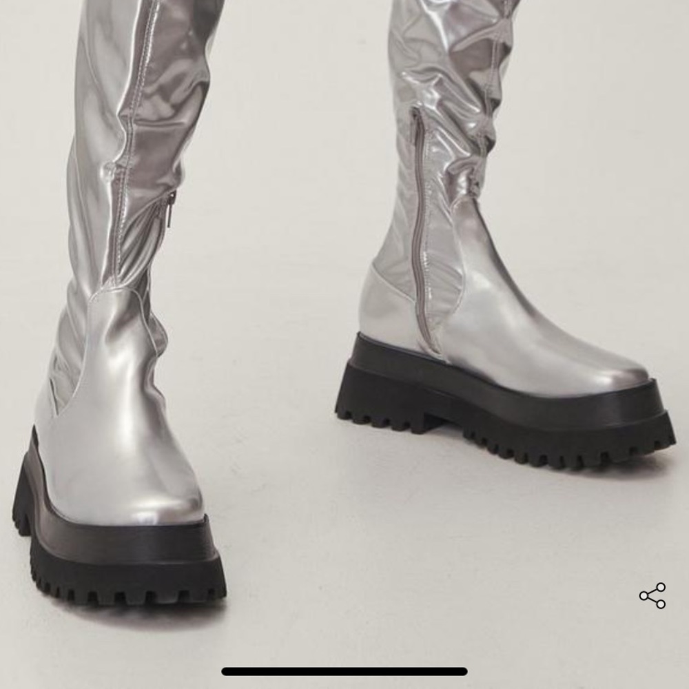 ISO Nasty Gal Metallic Stretch Faux Leather Over the Knee Boots